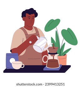 Barista profesional haciendo goteo, filtrando café en vertido. Trabajador en apron preparando bebidas en café. Un hombre negro prepara una bebida en la cafetería. Ilustración vectorial aislada plana sobre blanco.