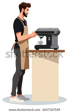Professional barista man in apron making coffee with espresso machine