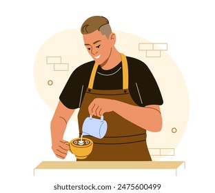 Barista de Profesional de pie en el bar de la cafetería vertiendo leche de la jarra en una taza para preparar capuchino. Ilustración vectorial.