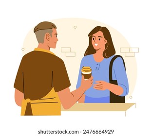 Professional barista standing at the cafe bar and giving a paper cup of take away coffee to customer. Vector illustration.