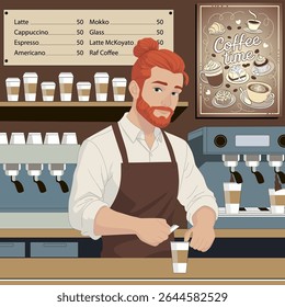 Professional barista standing in cafe bar and closing lid on coffee cup. Vector illustration.