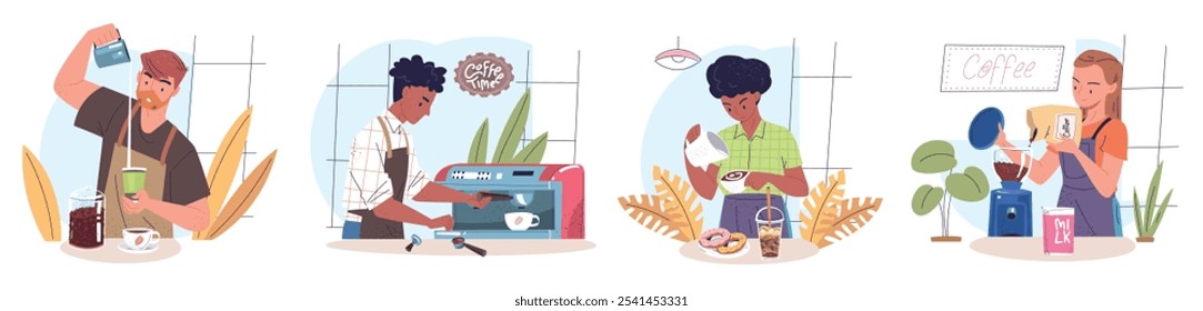 Professional baristas. Guy or girl barista worker in apron brew hot coffee pouring milk, making espresso mug coffeehouse shop business job service, set classy vector illustration