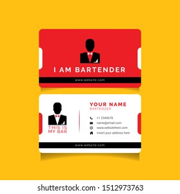Professional bartender business card with logo. Logo illustration of bar spoon, cocktail shaker, Jigger, Hawthorne strainer and Muddler. Name card of bartending equipment in vintage engraved style.