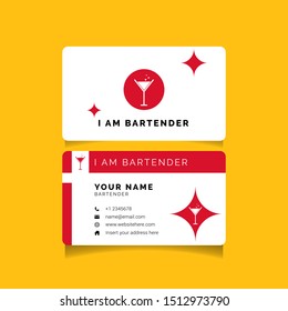 Professional bartender business card with logo. Logo illustration of bar spoon, cocktail shaker, Jigger, Hawthorne strainer and Muddler. Name card of bartending equipment in vintage engraved style.