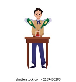 Professional bartender mixing drinks for preparing alcoholic cocktail, flat vector illustration isolated on white background. Barman making beverages.