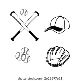 Professional Baseball Cap Bat And Glove Player Silhouette Element Sport Drawing Isolated Set, Baseball Player Silhouette Outline Game Collection.