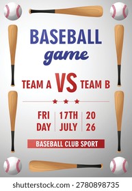 Professional baseball game announcement poster featuring a clean bat and ball frame border. This sports event flyer template is ideal for league matches, team tryouts, and athletic tournament promotions.