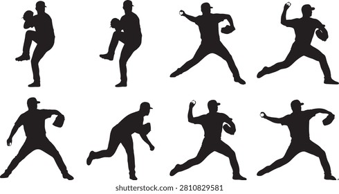 Professional baseball pitcher players throwing ball in dynamic motion silhouette set