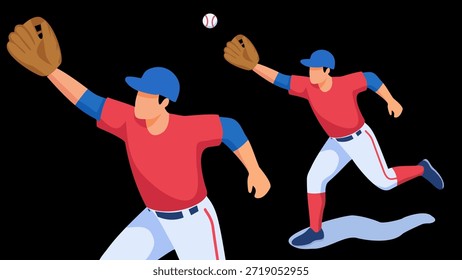 Profesional Jugador de béisbol Acción Catch Ball Ilustración vectorial plana