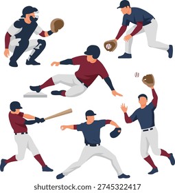 Professional Baseball Player Action Poses Vector Illustration Set