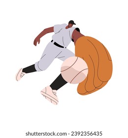 Professional baseball player plays sport game. Catcher, pitcher reaching, rushing to catch ball to glove. Sportsman on competition, match. Flat isolated vector illustration on white background