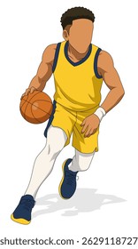 Professional basketball player with the ball in his hand. Sportsman with dreadlock hairstyle dribble basketball with right hand wearing yellow jersey. Vector illustrations athlete.