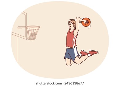 Professional basketball player bounces with ball in hands to score goal in hoop and defeat opposing team. Man basketball player trains wanting to become champion and participate in competitions