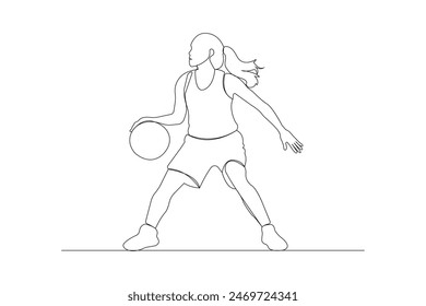 Profesional jugador de baloncesto Dibujo de línea continua. Chica jugando al baloncesto contorno de Vector aislado sobre fondo blanco.