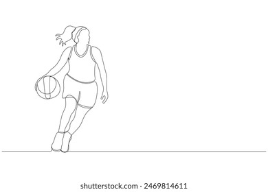 Professional basketball player continuous line drawing. Girl playing basketball outline vector isolated on white background.