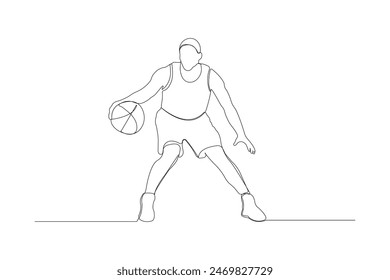 Professional basketball player continuous line drawing. Playing basketball outline vector isolated on white background.