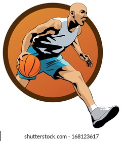 Professional Basketball Player dribbling with a ball and jumping out of orange oval frame.