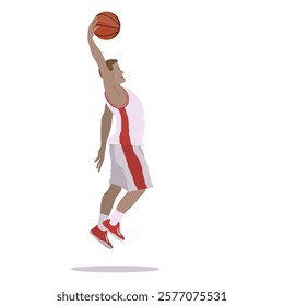 Professional basketball player is forcing jumps and shooting the ball into the hoop. Flat vector illustration. EPS 10