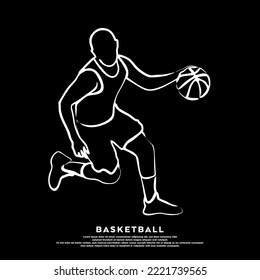 Professional basketball player white line art isolated on black background