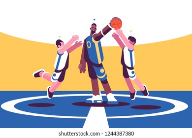 Professional basketball players on court vector illustration. Sportsman in fighting for ball flat style concept. Men teams in different uniform taking part in sport competition