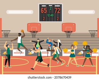 Professional basketball players playing basketball, vector illustration. Sport game tournament, match.