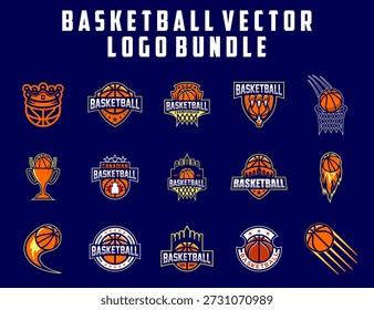Professional Basketball Vector Logo Bundle with Team Emblems, Championship Trophies, and Flaming Ball Icons for Sports Apparel Branding, Tournament Marketing, Youth League Identities, and Athletic Club Merchandise