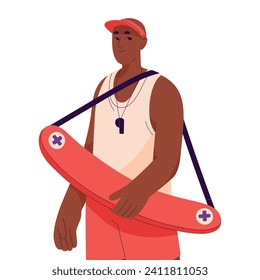 Salvavidas profesionales en la playa con un salvavidas de pie. Un joven trabaja en ayuda de emergencia en la piscina. Personal de seguridad, seguridad de los trabajadores del agua. Ilustración vectorial aislada plana sobre fondo blanco.