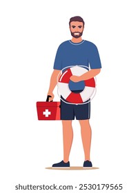 Professional beach lifeguard standing with lifebuoy and red medical first aid kit box. Young man works in emergency aid on the beach. Security staff, safety on water worker. Vector illustration