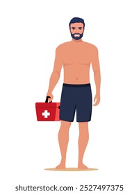 Professional beach lifeguard standing with red medical first aid kit box. Young man works in emergency aid on the beach. Security staff, safety on water worker. Vector illustration