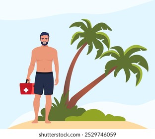 Professional beach lifeguard standing with red medical first aid kit box. Young man works in emergency aid on the beach. Security staff, safety on water worker. Vector illustration