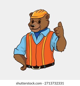 Professional bear mascot illustration with construction worker attributes such as safety helmet and work outfit, representing strength, reliability, and hard work.