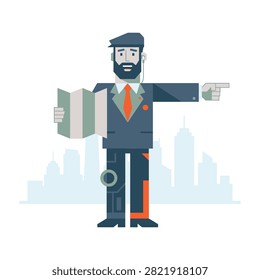 Professional bearded businessman holding a navigation map and showing a direction with his hand. Modern city skyline silhouette in the background. Concept of travel.