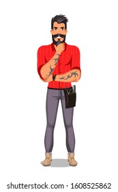 Professional bearded man barber with tattoo on arms and barbershop style accessories in bag hanged on belt. Male hairdresser touch chin with tattooed hand. Full length portrait. Vector illustration