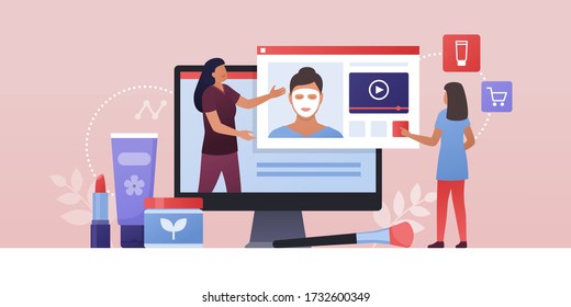 Professional beautician and videoblogger teaching how to apply a moisturizing face mask, a woman is watching the video and subscribing to her channel: online learning, beauty and remote work concept