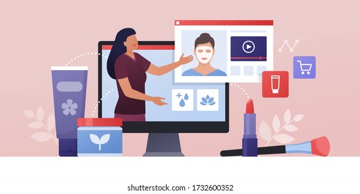 Professional beautician and videoblogger teaching how to apply a moisturizing face mask: online learning, beauty and remote work concept