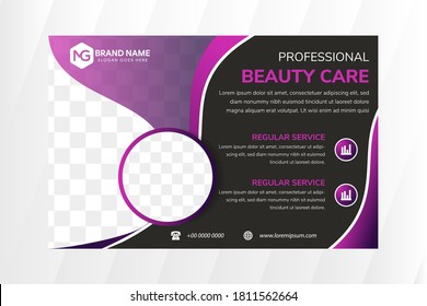 Professional beauty care flyer design template use horizontal layout with combination purple gradient and black background. circle space for photo collage. Abstract wavy style 