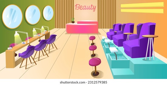 Professional beauty salon colorful interior. Relax spa for women nails on hands, legs. Manicure and pedicure room with mirrors. Beauty club with devices, towels, lamps and chairs. Vector illustration