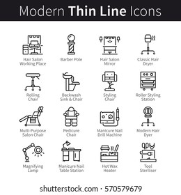 Professional beauty salon set. Furniture, tools, supplies and equipment for hairdo, makeup, manicure & pedicure. Thin black line art icons. Linear style illustrations isolated on white.