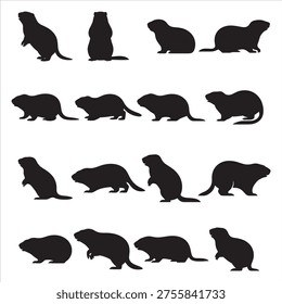 Professional beaver silhouette vector icons featuring groundhog and marmot poses, perfect for branding, wildlife projects, logos, tattoos, educational materials, and outdoor themed designs. Clean editable illustrations with modern minimalist style for commercial and personal creative use across platforms.