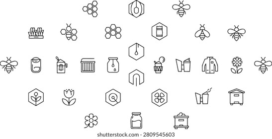 Professional Beekeeping and Honey Production Line Icons Set – Apiary Equipment, Honey Jar, Bee Colony, Pollination, Organic Farming, Editable Stroke Vector Collection.eps