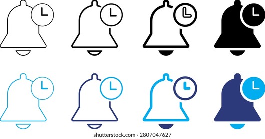 A professional bell notification reminder icon set featuring both monochrome and colorful versions in outline, bold outline, semi-filled, and solid styles with an integrated clock badge. Perfect for scheduled notifications, reminder systems, alarm indicators, countdown timers, productivity applications, task management software, mobile apps, websites, dashboards, UI-UX design, presentations, and digital products. These clean, scalable, and fully editable vector icons offer a modern minimalist appearance, ensuring excellent clarity and consistency across both print and digital design projects.

#BellIcon #Notification #Reminder #Clock #Timer #Schedule #Alert #Alarm #Vector #IconSet #Outline #Solid #Colorful #Black #UI #UX #MobileApp #WebDesign #Dashboard #GraphicDesign