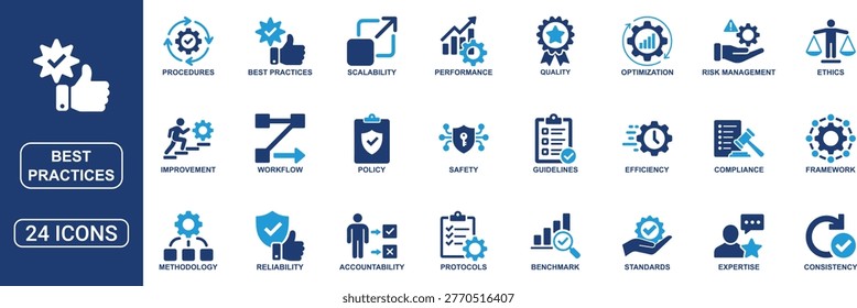 Professional best practices solid icon set designed for process improvement and operational excellence concepts. Includes icons for workflow, guidelines, performance, standards, protocols, procedures, methodology, compliance, benchmarking, and quality management. Clean and scalable vector icons ideal for business systems, training materials, dashboards, and optimization strategies.