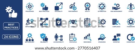 Professional best practices solid icon set designed for process improvement and operational excellence concepts. Includes icons for workflow, guidelines, performance, standards, protocols, procedures, methodology, compliance, benchmarking, and quality management. Clean and scalable vector icons ideal for business systems, training materials, dashboards, and optimization strategies.