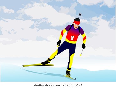 Professional biathlete competing in a cross-country skiing race, navigating a downhill slope with speed and precision