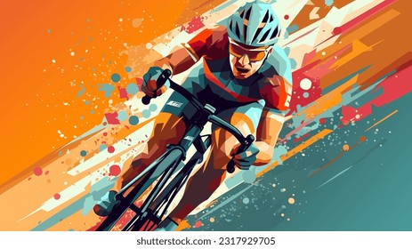 Professional bicycle racer riding a bike on abstract colorful graphic background. Cycle sport flat art poster, vector illustration