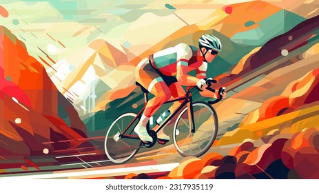 Professional bicyclist riding a bike on abstract orange color graphic background. Cycle sport low poly style poster, vector illustration