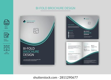 Professional bifold brochure design template with modern abstract curves and clean layout for corporate business marketing and company presentation