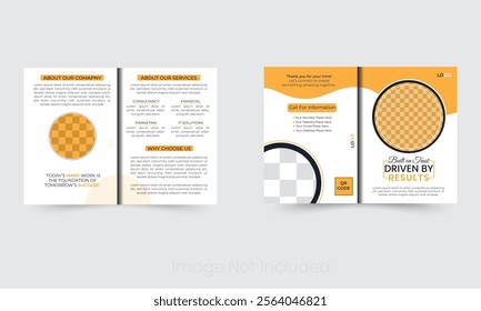 Professional bi-fold corporate brochure template with clean, modern design. Fully customizable, print-ready, and ideal for company profiles, services, and portfolios.