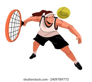 Entrenamiento profesional de los grandes jugadores de tenis en la cancha de juego. La deportista juega al racquet. La mujer se prepara, se balancea para golpear la pelota con raqueta. Movimiento dinámico. Ilustración vectorial aislada plana en blanco