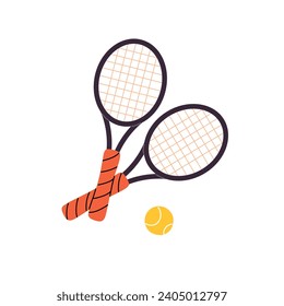 Professional big tennis racquets with ball. Inventories for playing court game. Racket sport equipment, supplies. Active lifestyle, fun leisure. Flat isolated vector illustration on white background